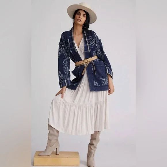 Pilcro Anthropologie Quilted Kimono Jacket Open Cardigan Xxs/xs Women’s Navy - Picture 2 of 6